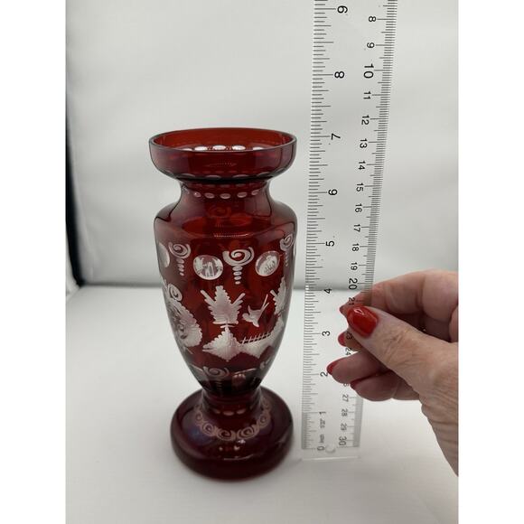 Antique Egermann Ruby Red cut to Clear Crystal Vase Bohemian 1920s Czech Rep - Picture 9 of 10